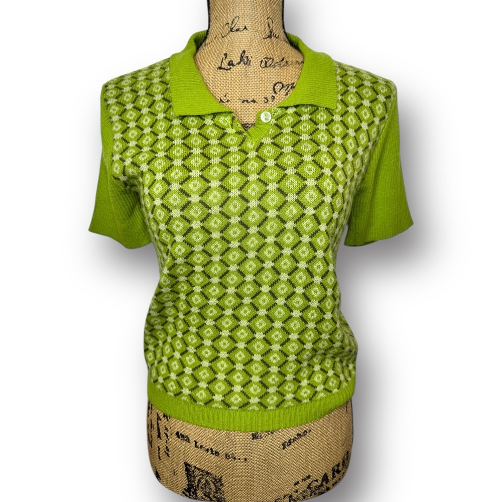 Vintage Y2K Mudd Juniors M Green Argyle Plaid Collared Short Sleeve Polo Top